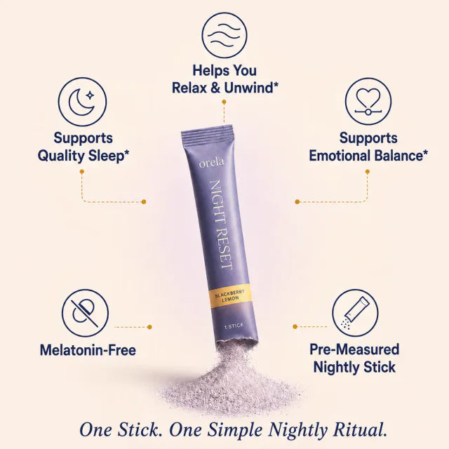 Night Reset stick pack with product benefit icons