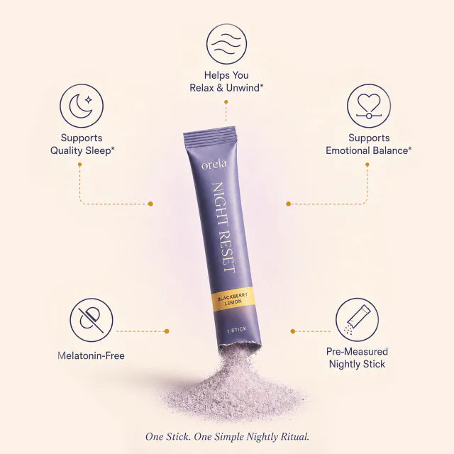 Night Reset stick pack with sleep, relaxation, emotional balance, and melatonin-free benefit callouts